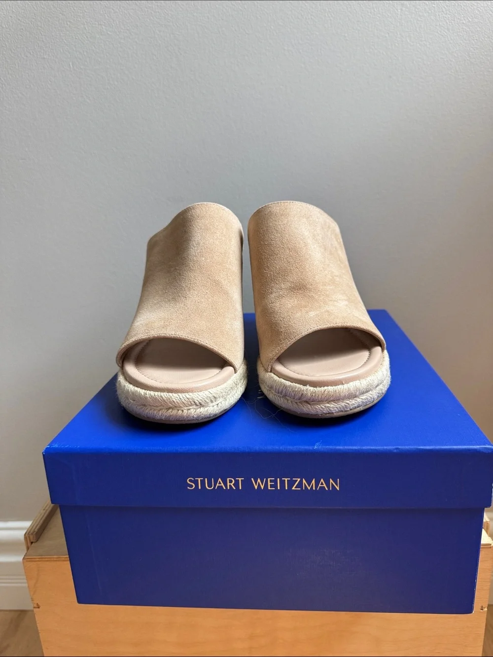 Stuart Weitzman Beige Suede Espadrille Wedge Slides